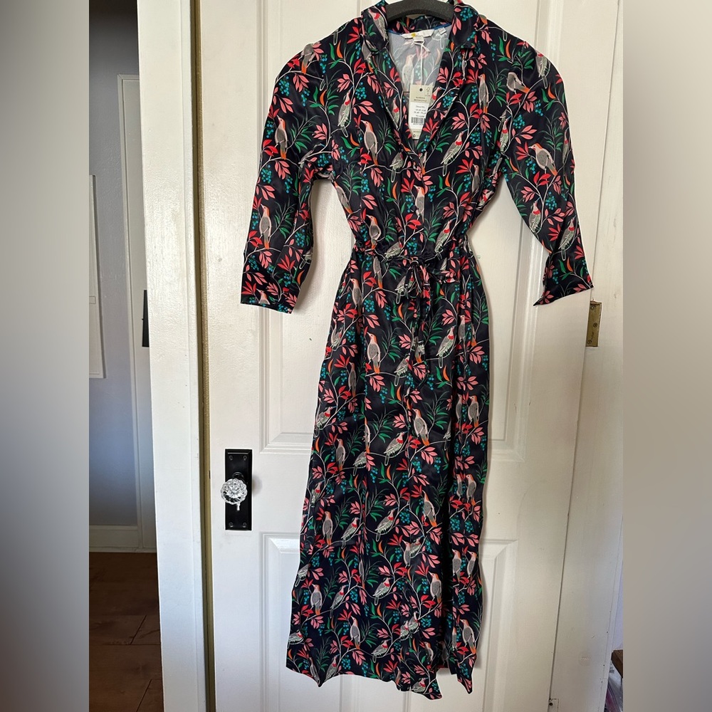 Boden, cropped jumpsuit, Size 8, French Navy, Berry Bird, not for a long torso